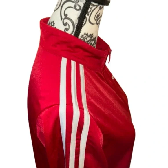 Adidas Women’s Small Zip-Front Red Essentials 3-Stripe Tricot Track Jacket - Picture 11 of 15
